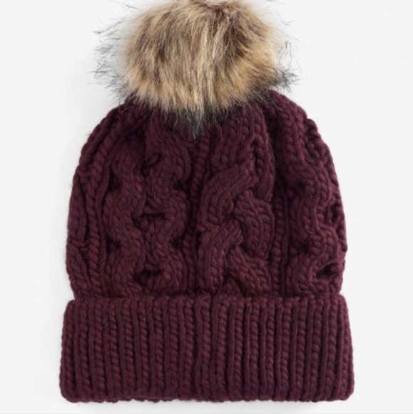 Women's Cable Knit Faux Fur Pom Bobble Hat in the Classical Bordeaux OS - Picture 9 of 9